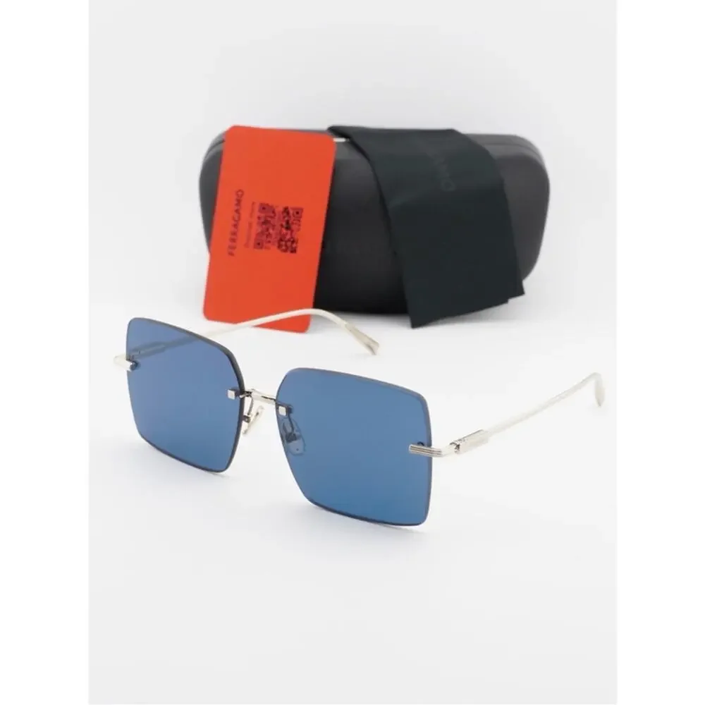 New Salvatore Ferragamo SF311S 743 Blue Square Rimless Women Sunglasses